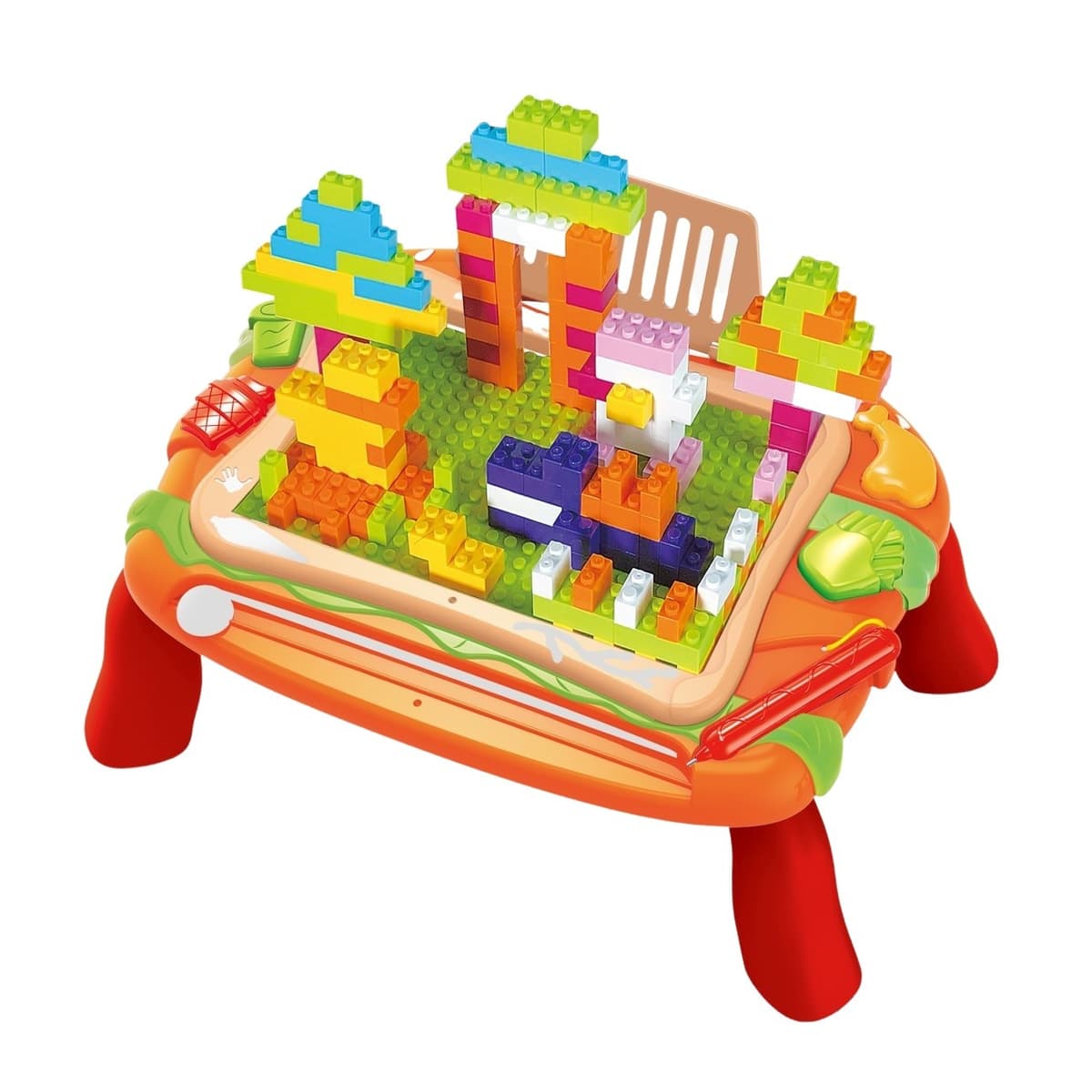 Masuta educativa pentru desenat si construit, 2 in 1, Flippy, 150 de piese de constructie incluse
