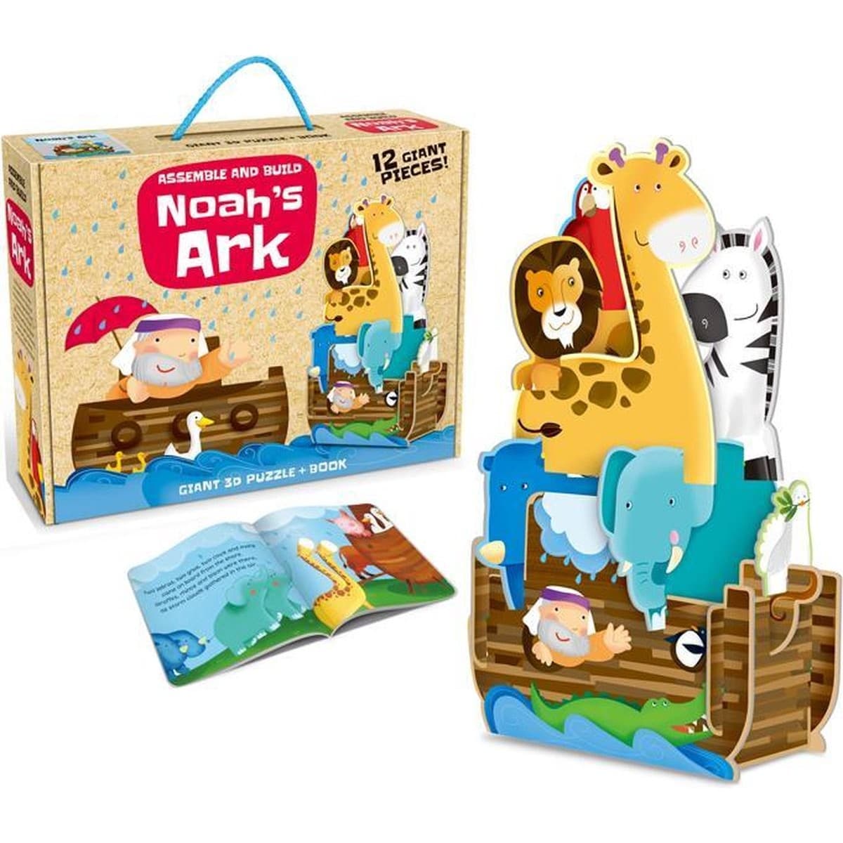 Puzzle 3D pentru copii, Flippy, Arca lui Noe, 12 piese, carte cu povestea lui Noe si animalele de pe arca, Joc distractiv, + 3 ani
