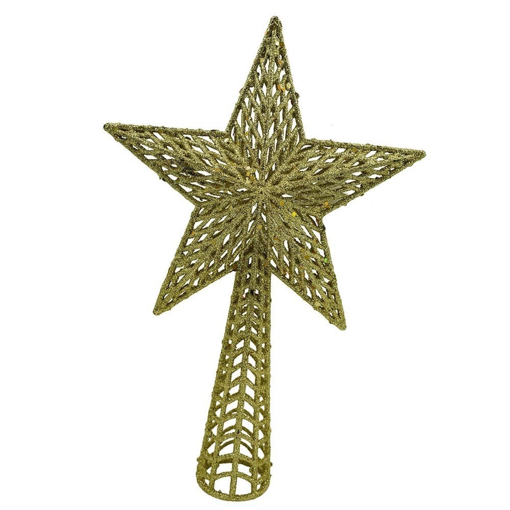 Varf decorativ de brad, Auriu, in forma de Stea, cu model decupat, din Plastic/Metal, 18 cm x 26 cm, Interior/Exterior
