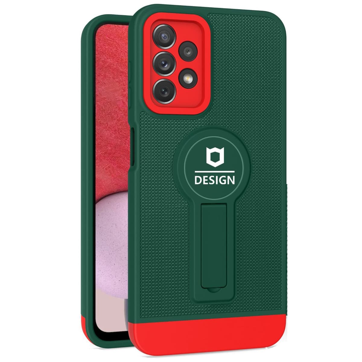 Husa Armor Design cu Stand pentru iPhone 13, Verde/Rosu, Suport Auto Magnetic, Wireless Charge, Protectie Antisoc, Flippy