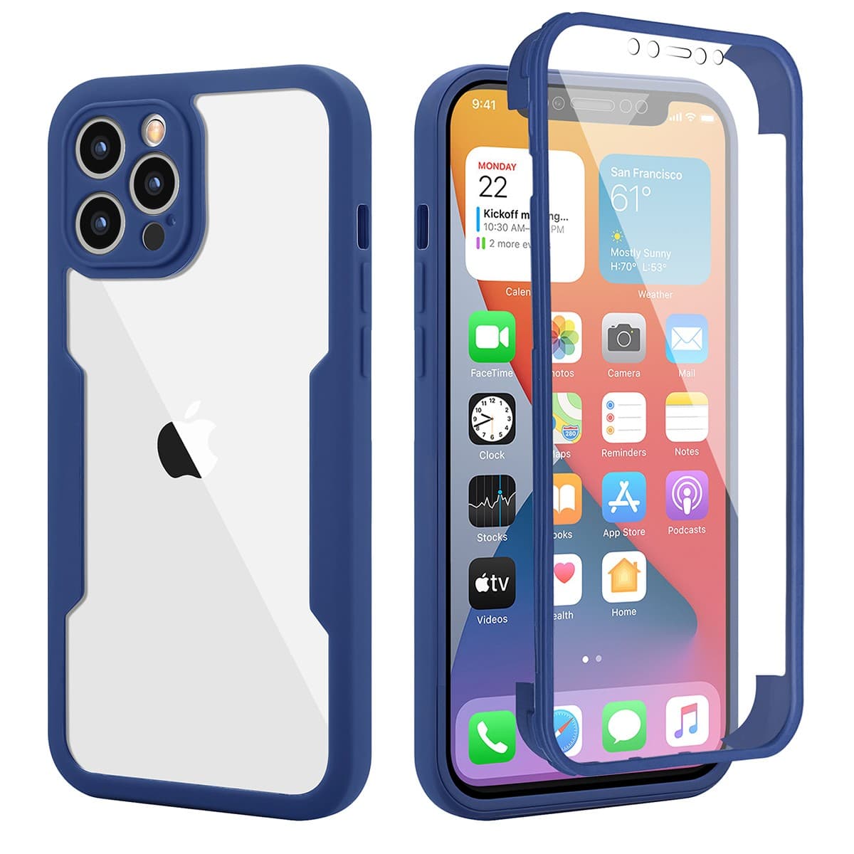 Husa Max Defence pentru iPhone 12 Pro, Bumper Albastru, Fata Dubla Transparenta, Protectie Antisoc Full 360 ( fata, spate, margini ), Flippy