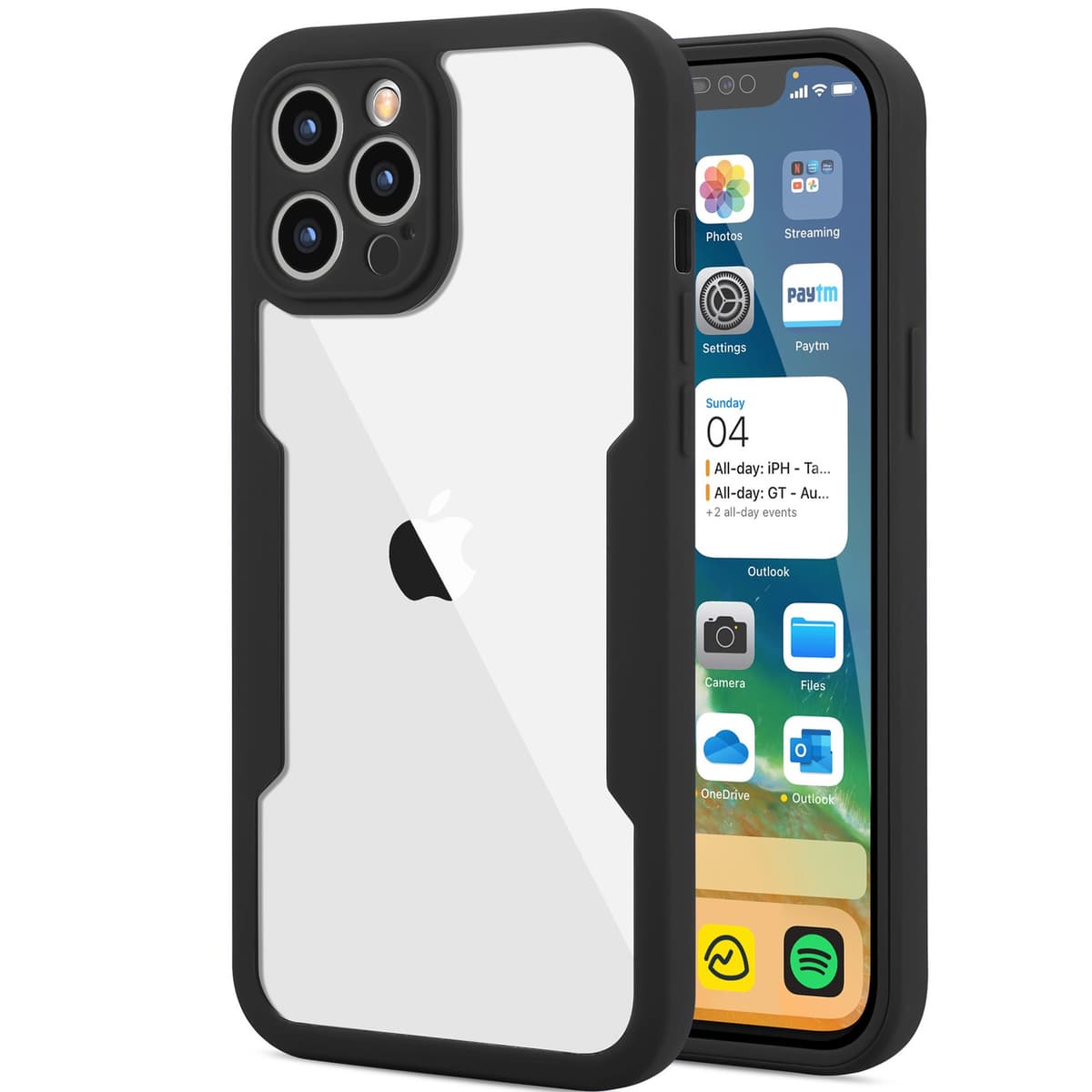 Husa Max Defence pentru iPhone 13, Bumper Negru, Fata Dubla Transparenta, Protectie Antisoc Full 360 ( fata, spate, margini ), Flippy