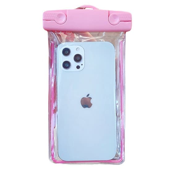 Husa subacvatica Fosforescenta Waterproof Flippy, Snowproof, Lumineaza in intuneric, Universala, cu Snur, pentru telefon sau documente, Roz