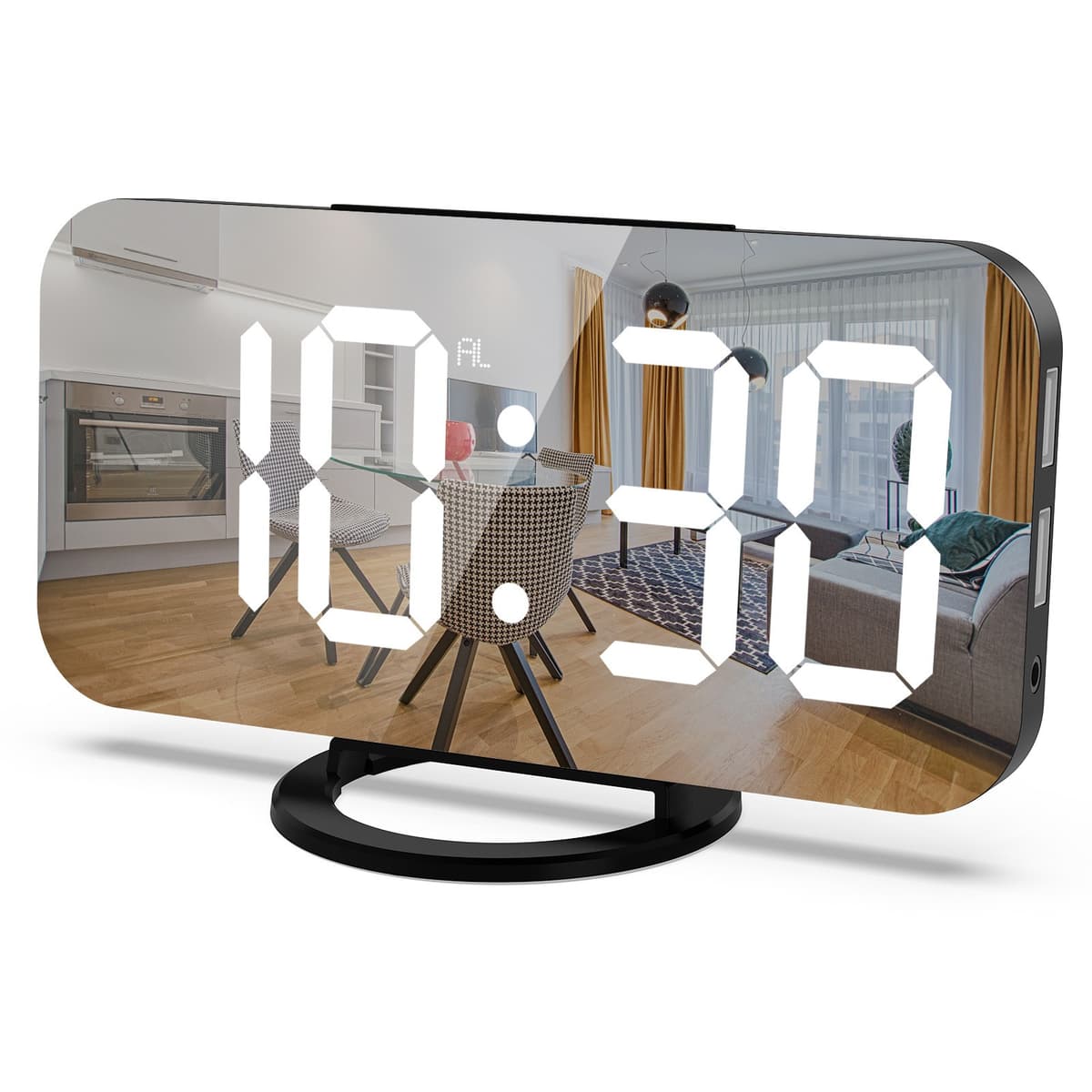 Ceas digital cu LED, Flippy, multifunctional, afisaj digital, alarma, 2 porturi USB de iesire, ecran tip oglinda, modern