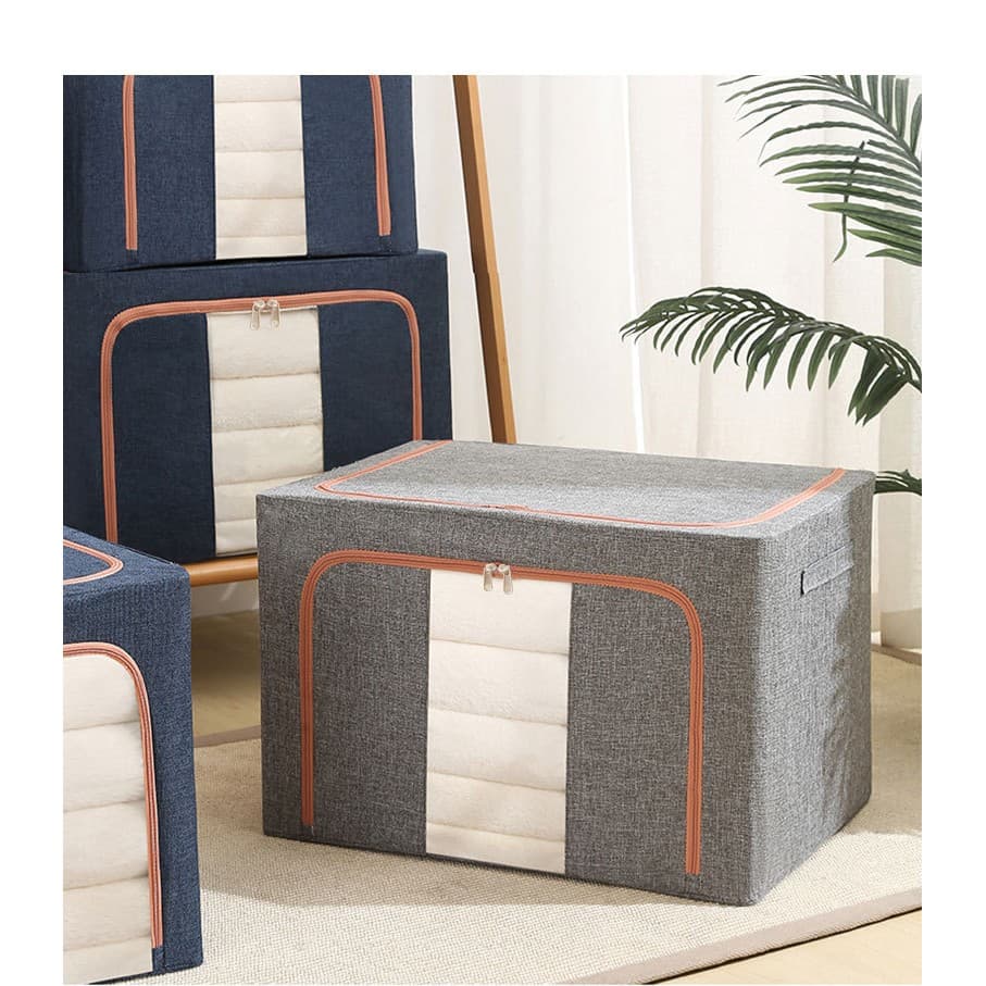 Cutie de Depozitare Pliabila, Flippy, 66 L, din Bumbac si In, 50x40x33 cm, Fereastra Frontala, 2 Usi de Acces cu Fermoar