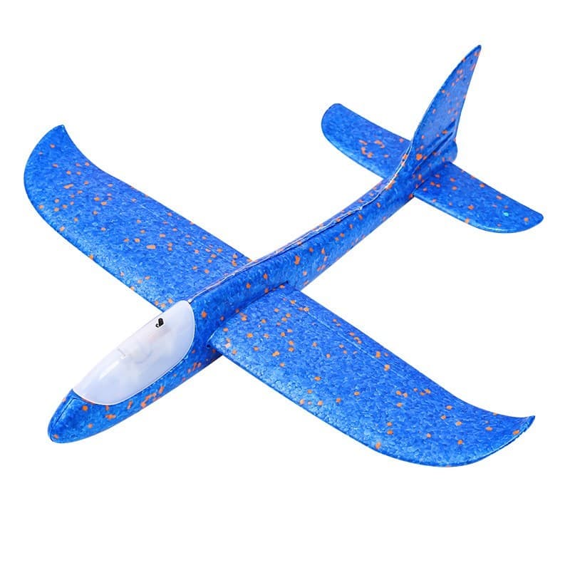 Avion planor din polistiren in punga , lungime 47 cm, cu lumini pe toata lungimea, Albastru , Flippy