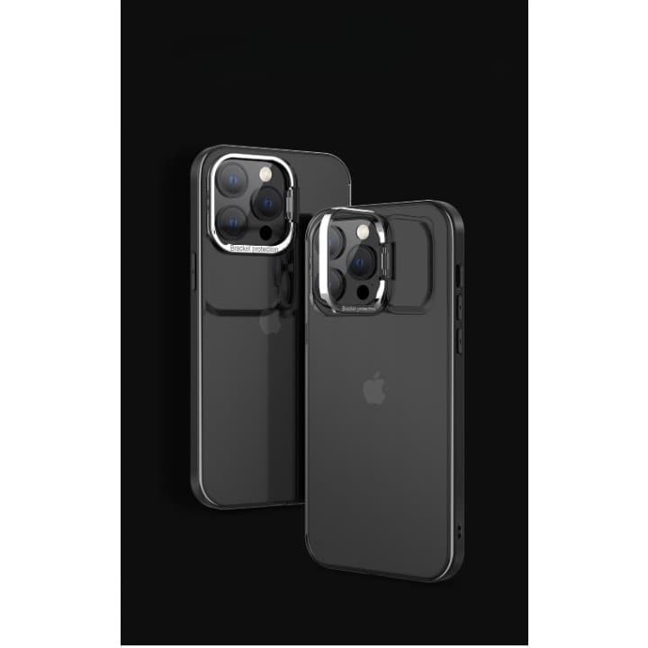 Husa de protectie pentru iPhone 14, cu suport metalic pentru camera, Bracket Series, Flippy, Protectie Antisoc, PC mat