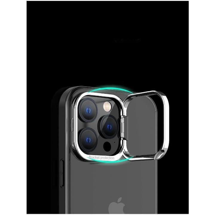 Husa de protectie pentru iPhone 14 Pro, cu suport metalic pentru camera, Bracket Series, Flippy, Protectie Antisoc, PC mat