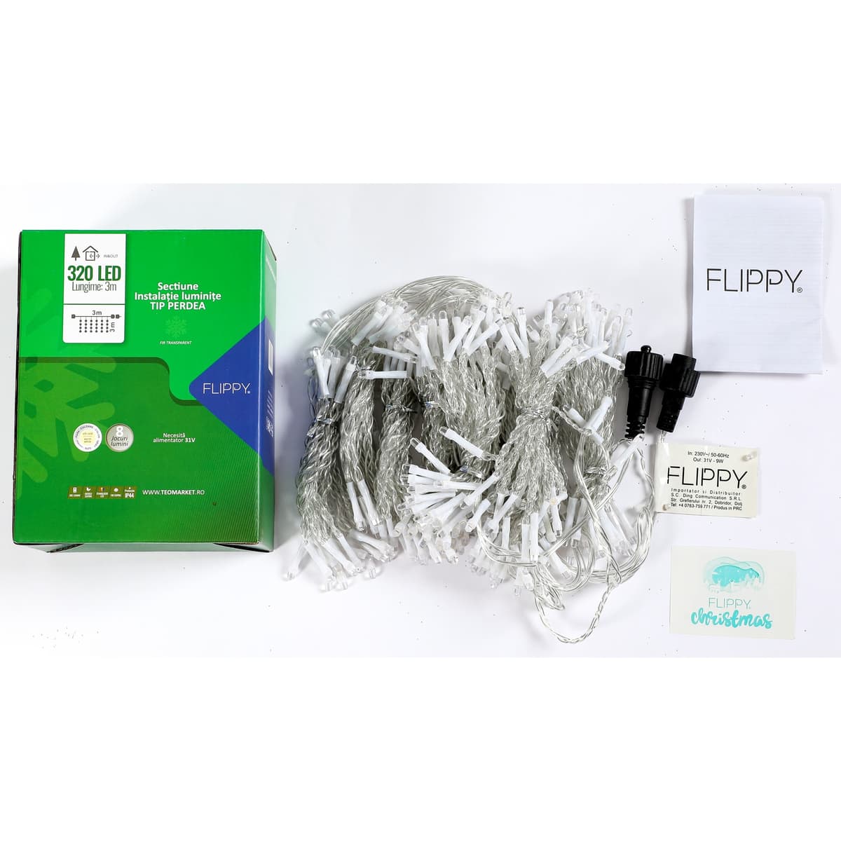 Sectiune Instalatie de Craciun Flippy Tip Perdea, cu 8 jocuri de lumini, 3 m x 3 m, 240 LED-uri, Interconectabila, Fir Transparent, Alb Rece