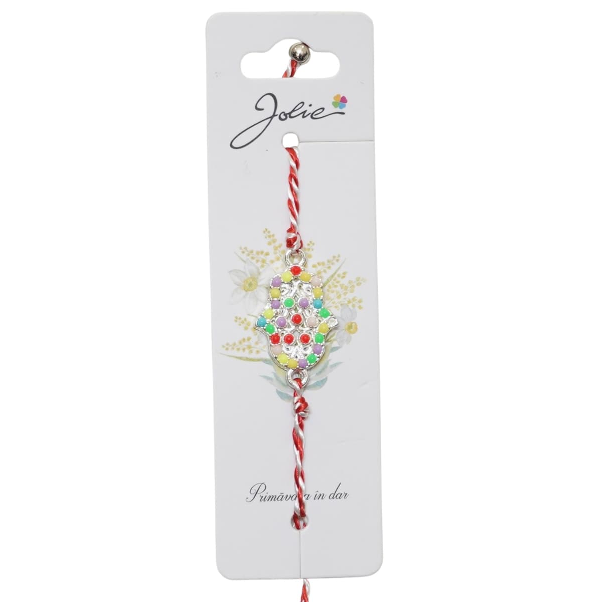 Martisor Bratara Snur Alb-Rosu, Jolie, Pandantiv Metalic, Model Hamza