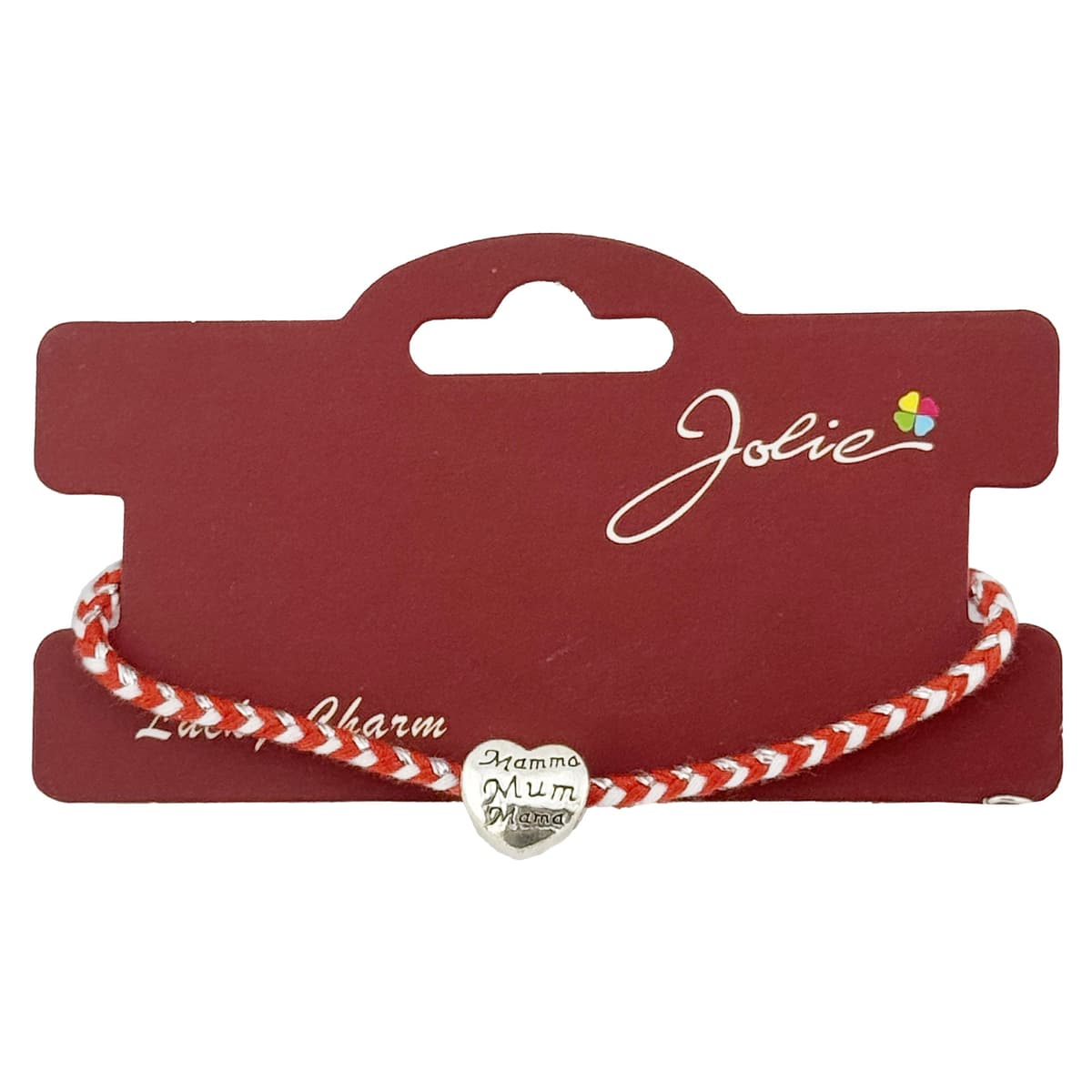 Bratara Martisor Reglabila, Jolie, Model Inima cu inscriptie: Mamma / Mum / Mama, snur Impletit, 9 x 4 cm, Alb Rosu