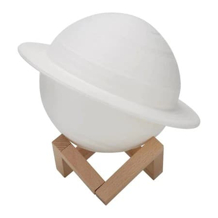 Lampa de Veghe, Flippy, Model Planeta Saturn, 3D, Lumina Alb Cald, Suport din Plastic, cu Baterii, 13 cm, Alb