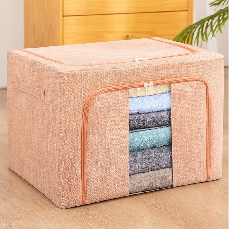 Cutie de Depozitare Pliabila, Flippy, 66 L, din Bumbac si In, 50x40x33 cm, Fereastra Frontala, 2 Usi de Acces cu Fermoar Bidirectional, Cadru Metalic, Suport Baza Stabil din Plastic, Roz Pudrat