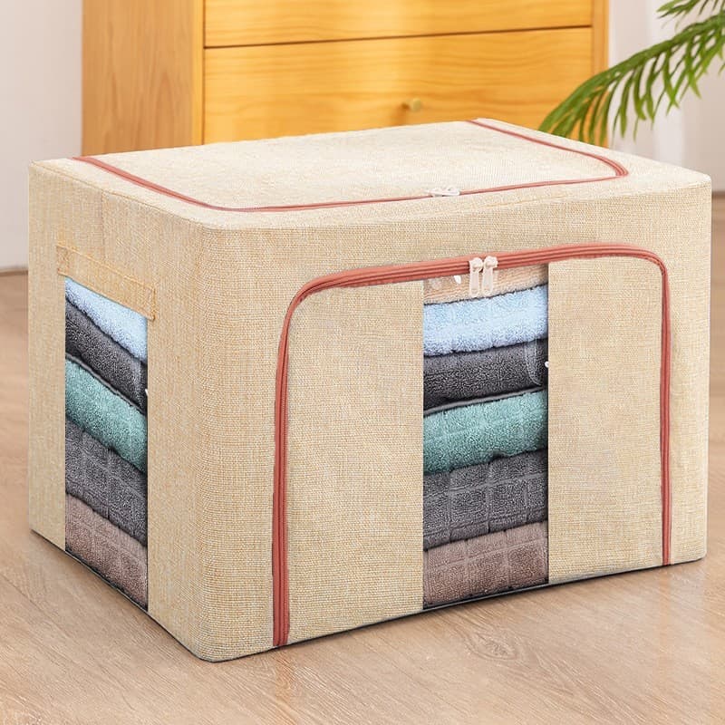 Cutie de Depozitare Pliabila, Flippy, 66 L, din Bumbac si In, 50x40x33 cm, 2 Ferestre, Frontala si Laterala, 2 Usi de Acces