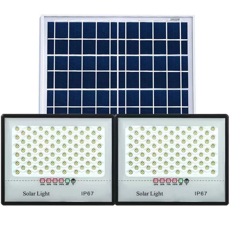 Set 2 proiectoare LED cu Panou Solar Flippy, Senzor de miscare, Telecomanda, Waterproof, 200 LED-uri incorporate, 65W, 24x18 cm, IP67, Design Modern, Negru