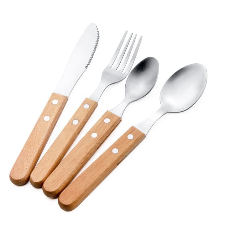 Set 4 tacamuri pentru masa Flippy, otel 304, lingura, lingurita desert, cutit, furculita, maner din lemn de fag, 20 x 4 x 2