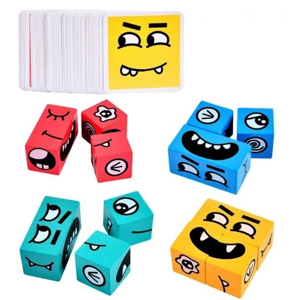 Jucarie pentru copii montessori Flippy, cub din lemn, asamblare fete, 64 de carti distractive, pentru baieti si fete, varsta