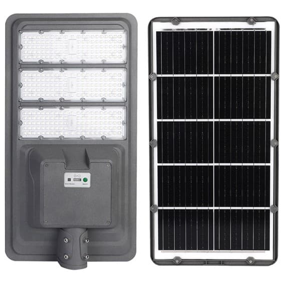 Lampa solara stradala Flippy, IP65, senzor de lumina, 510 LED-uri SMD, 5000 lm, panou 53W, putere 500W, autonomie 12-16 ore, telecomanda, montare prin fixare, pentru strada sau gradina, finisaj mat, material ABS, 91.6 x 36.5 x 8.7 cm, gri