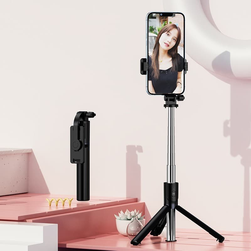 Trepied foto telescopic premium profesional Flippy Z14S , cadru multifunctional, telecomanda detasabila, pentru telefon/camera foto/gopro, functie selfie stick, ajustabil, pliabil, H33-140 cm, aluminiu, Negru
