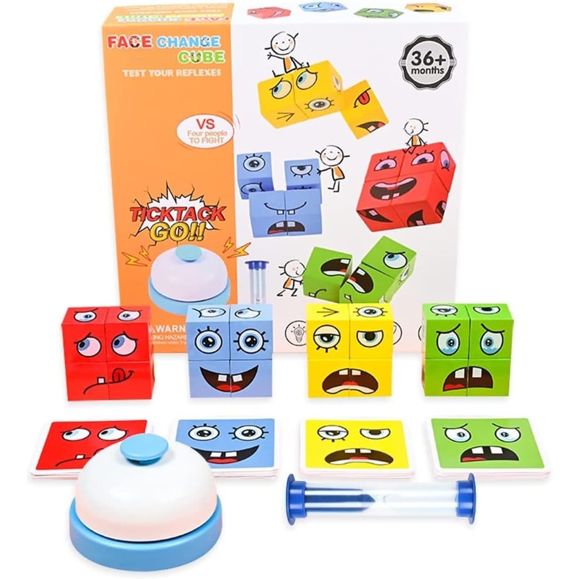 Jucarie Pentru Copii Montessori Flippy, Cub din Lemn, Asamblare Fete, 64 de Carti Distractive, Clepsidra si Clopotel inclus
