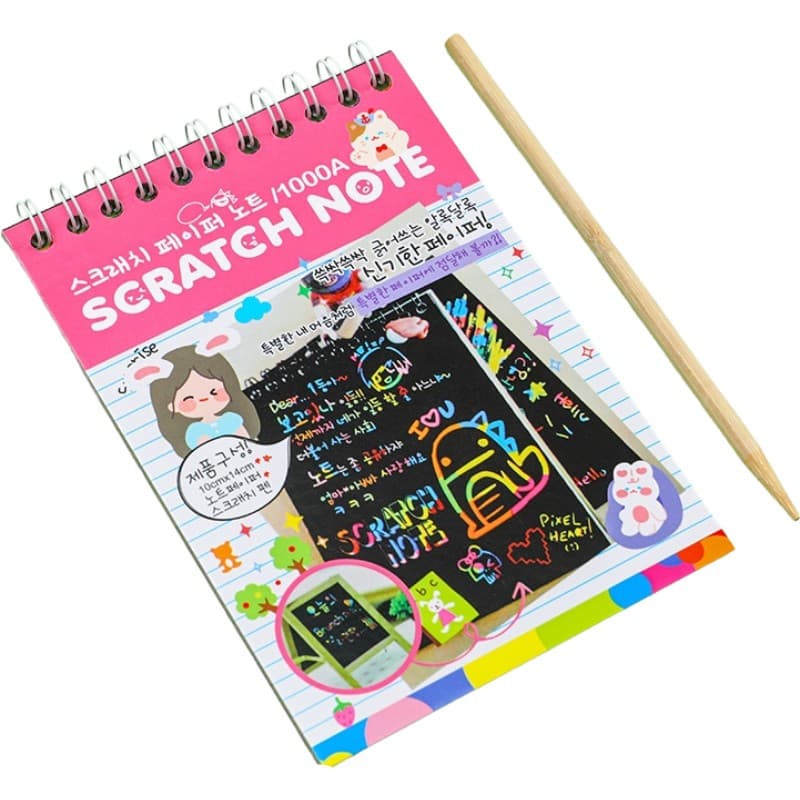 Caiet cu fise razuibile Flippy, DIY Magic Scratch, 12 File, Curcubeu, Creion din Lemn, Cartonase negre, 14.2 x 9.8 cm, Roz deschis