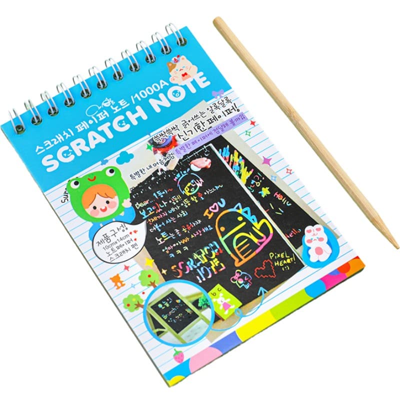 Caiet cu fise razuibile Flippy, DIY Magic Scratch, 12 File, Curcubeu, Creion din Lemn, Cartonase negre, 14.2 x 9.8 cm, Baby Blue