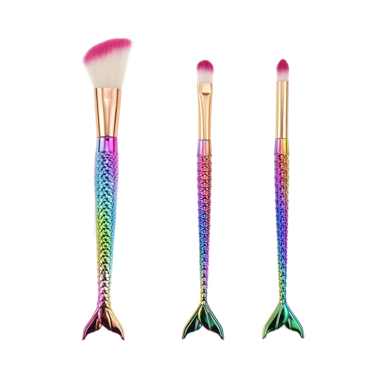 Set 3 Pensule pentru Machiaj Flippy, in Forma de Sirena, Electroplacate, Detalii Fine, Maner Ergonomic, Peri din Fibra