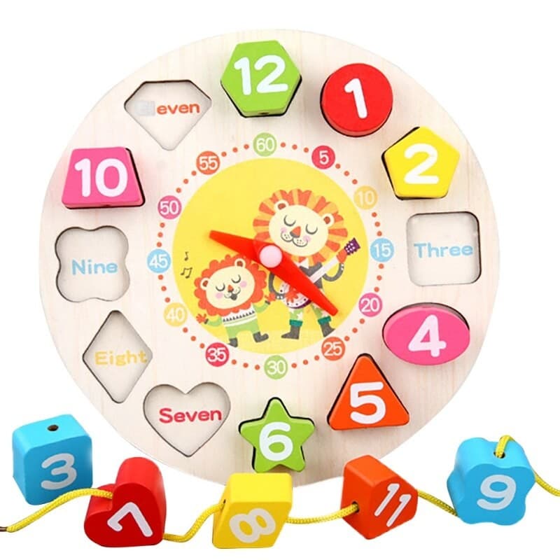 Jucarie Educativa Flippy, Tip Montessori, Model Ceas Leu, din Lemn, + 36 Luni, 12 Piese, 17 cm, Multicolor