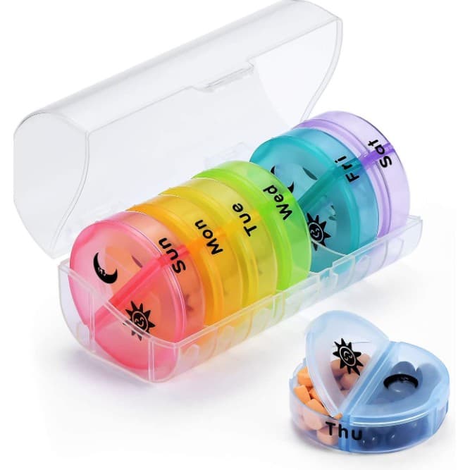 Cutie Depozitare Medicamente, Flippy, 7 Zile, 14 Compartimente, Cutie Suport, Recipiente Detasabile, Portabila, Multicolor