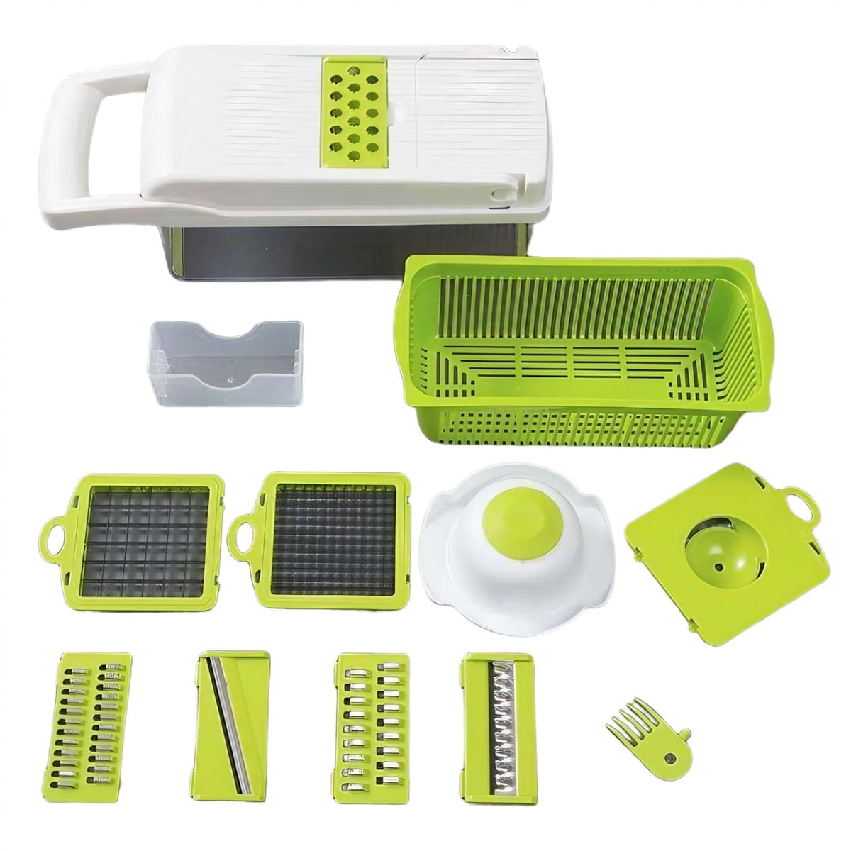 Feliator Multifunctional, Flippy, Razatoare, 8 in 1, pentru Fructe si Legume, 10 Piese, Lame de Inox, Recipient Stocare