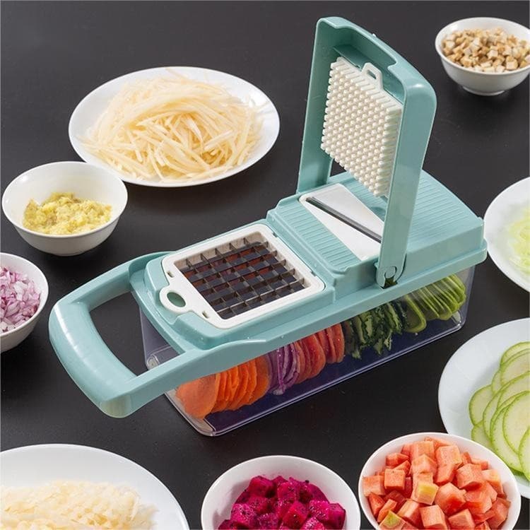 Feliator Multifunctional, Flippy, Razatoare, 8 in 1, pentru Fructe si Legume, 10 Piese, Lame de Inox, Recipient Stocare