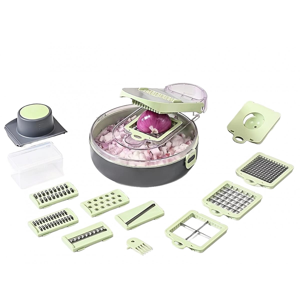 Feliator Multifunctional, Flippy, Razatoare, 8 in 1, pentru Fructe si Legume, 12 Piese, Lame de Inox, Recipient Stocare
