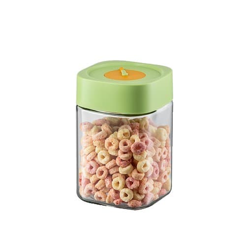Borcan Alimentar din sticla cu Capac Vid, Flippy, 1000 ml, Inchidere Ermetica pentru Orice Tip de Produse, Design Patrat, 10 x 10 x 15.5 cm, Transparenta cu Capac Verde