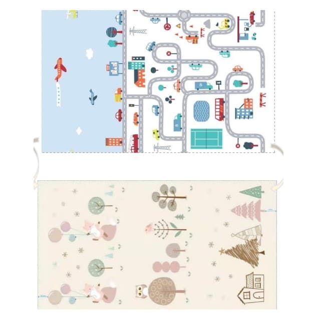 Covoras de Joaca pentru Copii Termic cu 2 Fete, Flippy, Model Vulpi si Pista de Masini, cu Spuma, Impermeabil, Antiderapant, 200cm x 180cm x 0.8cm