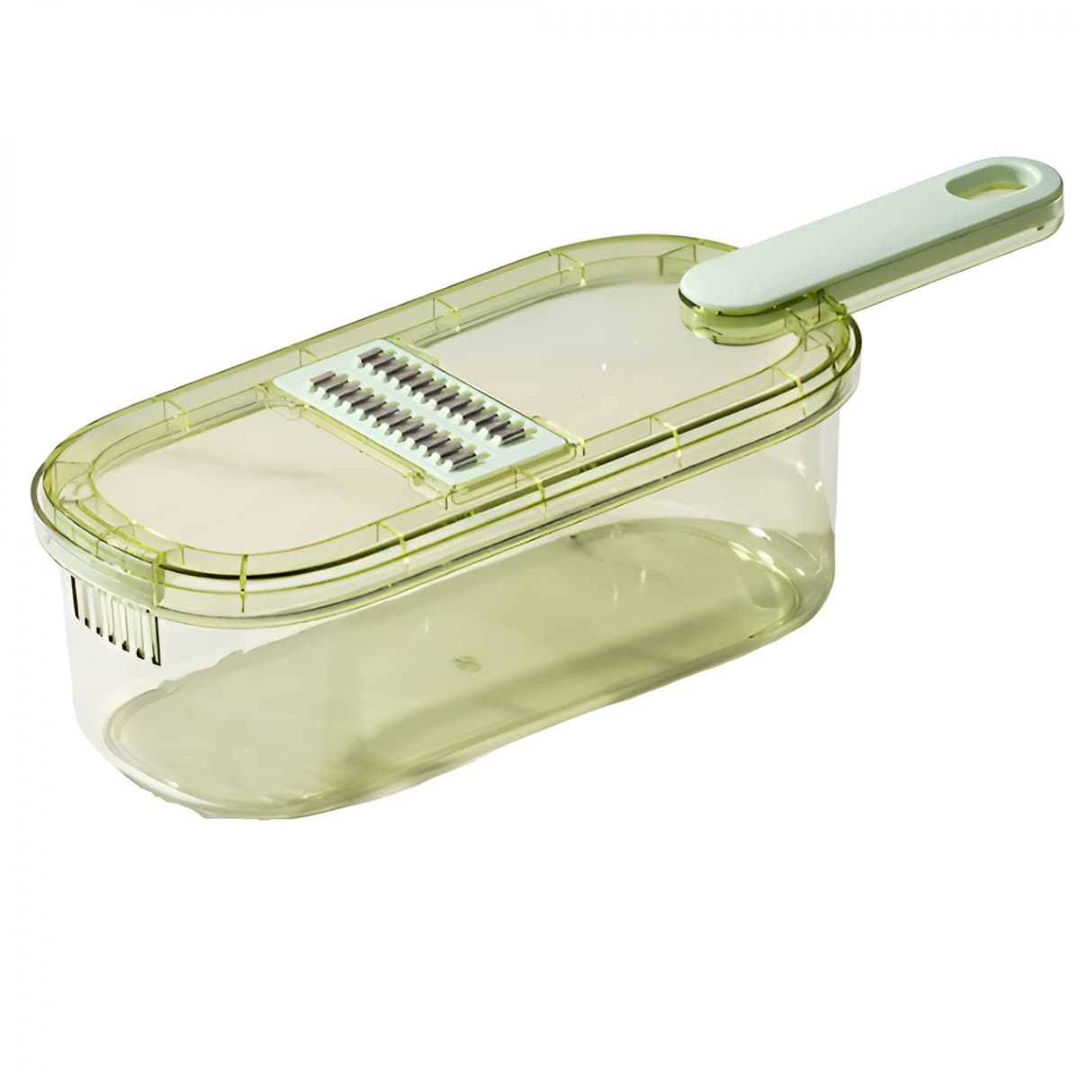 Feliator Multifunctional, Flippy, 6 in 1, pentru Fructe si Legume, 9 Piese, Maner, Lame de Inox, Recipient Stocare