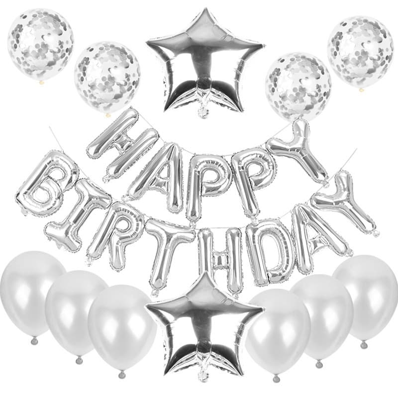 Set baloane din folie metalizata si baloane din latex, baloane HAPPY BIRTHDAY, 4 baloane latex Confetti, 6 baloane latex Roz, 2 baloane folie Steluta, 40cm, Argintiu