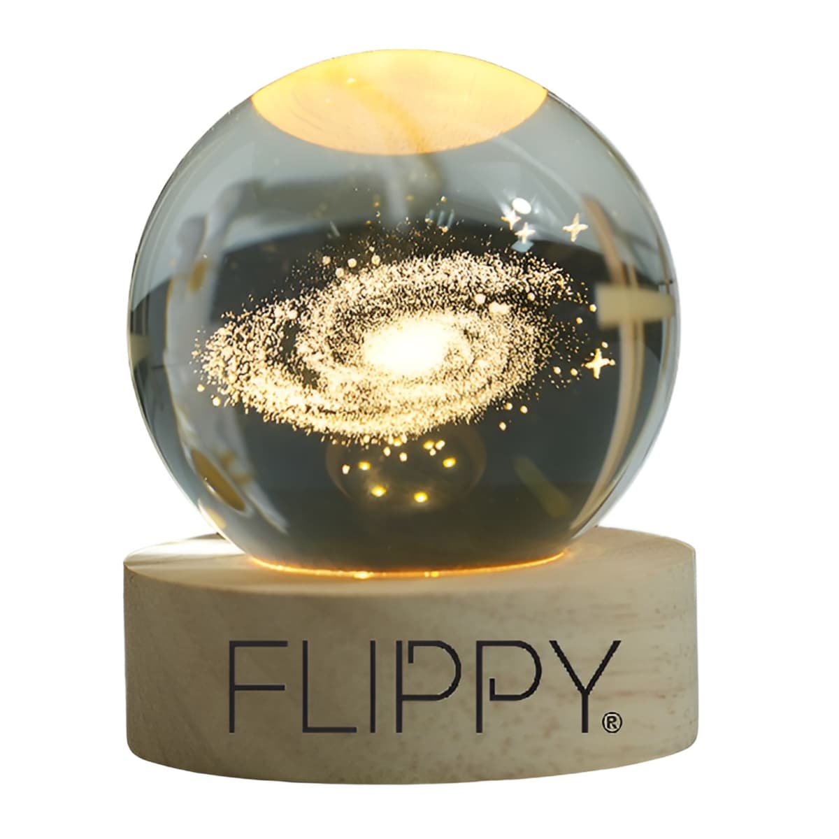 Lampa LED Decorativa, Flippy, cu Bila de Cristal cu Diametru 6cm, Model Galaxie 3D, Alimentare USB, Suport din Lemn, Lumina