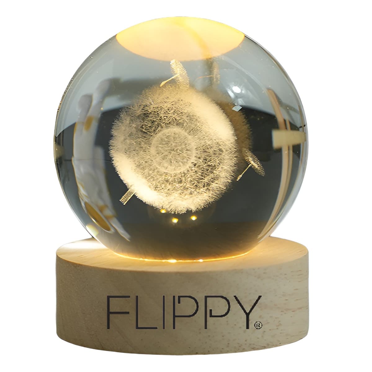 Lampa LED Decorativa, Flippy, cu Bila de Cristal cu Diametru 6cm, Model Papadie 3D, Alimentare USB, Suport din Lemn, Lumina