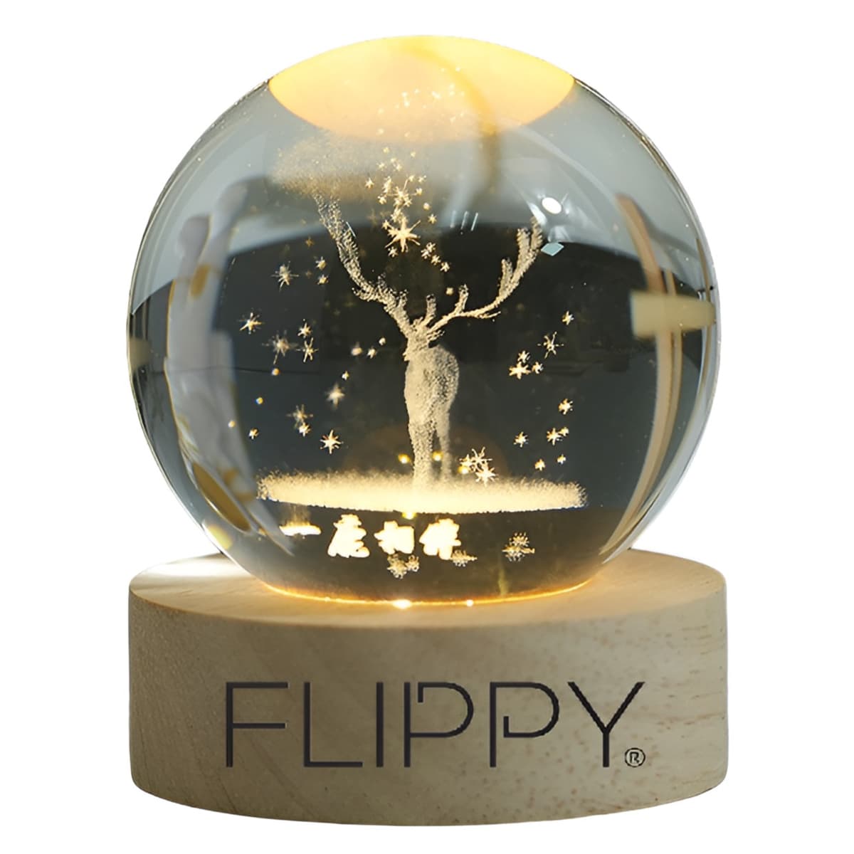 Lampa LED Decorativa, Flippy, cu Bila de Cristal cu Diametru 6cm, Model Cerb 3D, Alimentare USB, Suport din Lemn, Lumina Alb