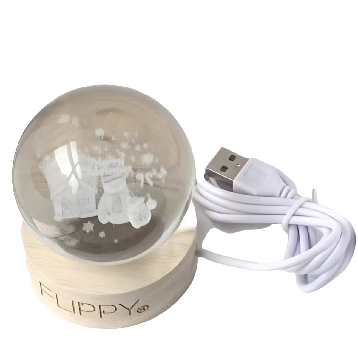 Lampa LED Decorativa, Flippy, cu Bila de Cristal cu Diametru 6cm, Model Merry Christmas 3D, Alimentare USB, Suport din Lemn