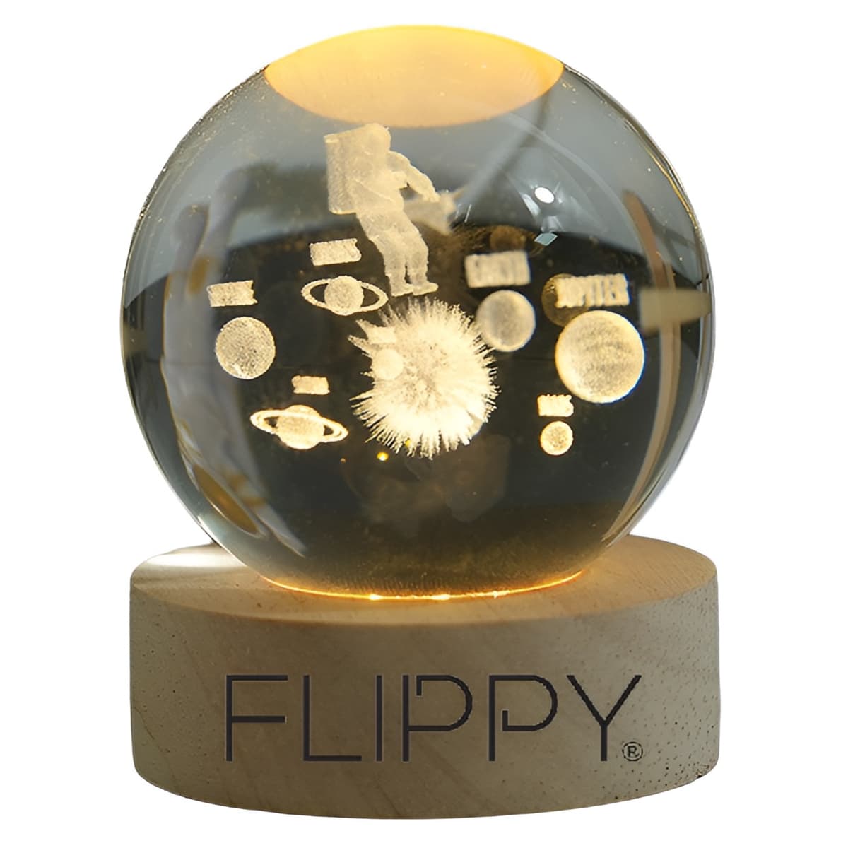 Lampa LED Decorativa, Flippy, cu Bila de Cristal cu Diametru 6cm, Model Astronaut in Galaxie 3D, Alimentare USB, Suport din