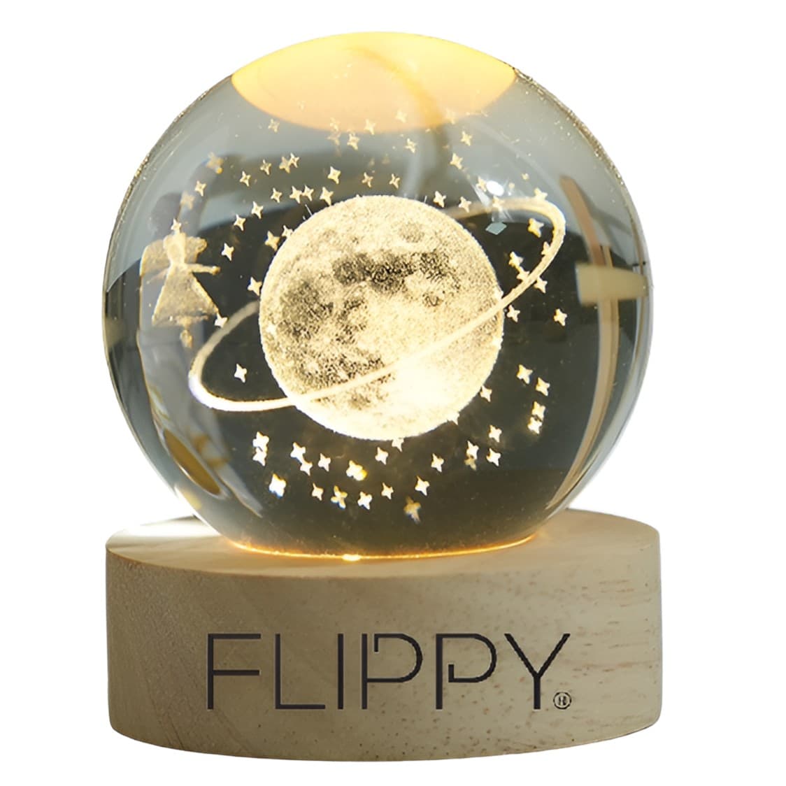 Lampa LED Decorativa, Flippy, cu Bila de Cristal cu Diametru 6cm, Model Cer Instelat 3D, Alimentare USB, Suport din Lemn