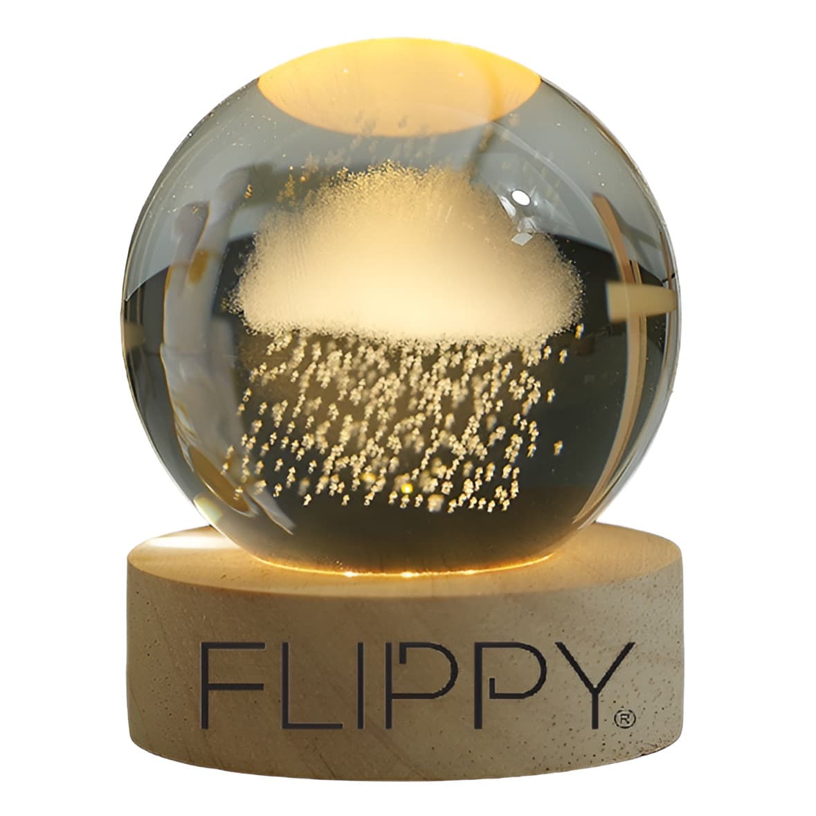 Lampa LED Decorativa, Flippy, cu Bila de Cristal cu Diametru 6cm, Model Nor Ploios 3D, Alimentare USB, Suport din Lemn