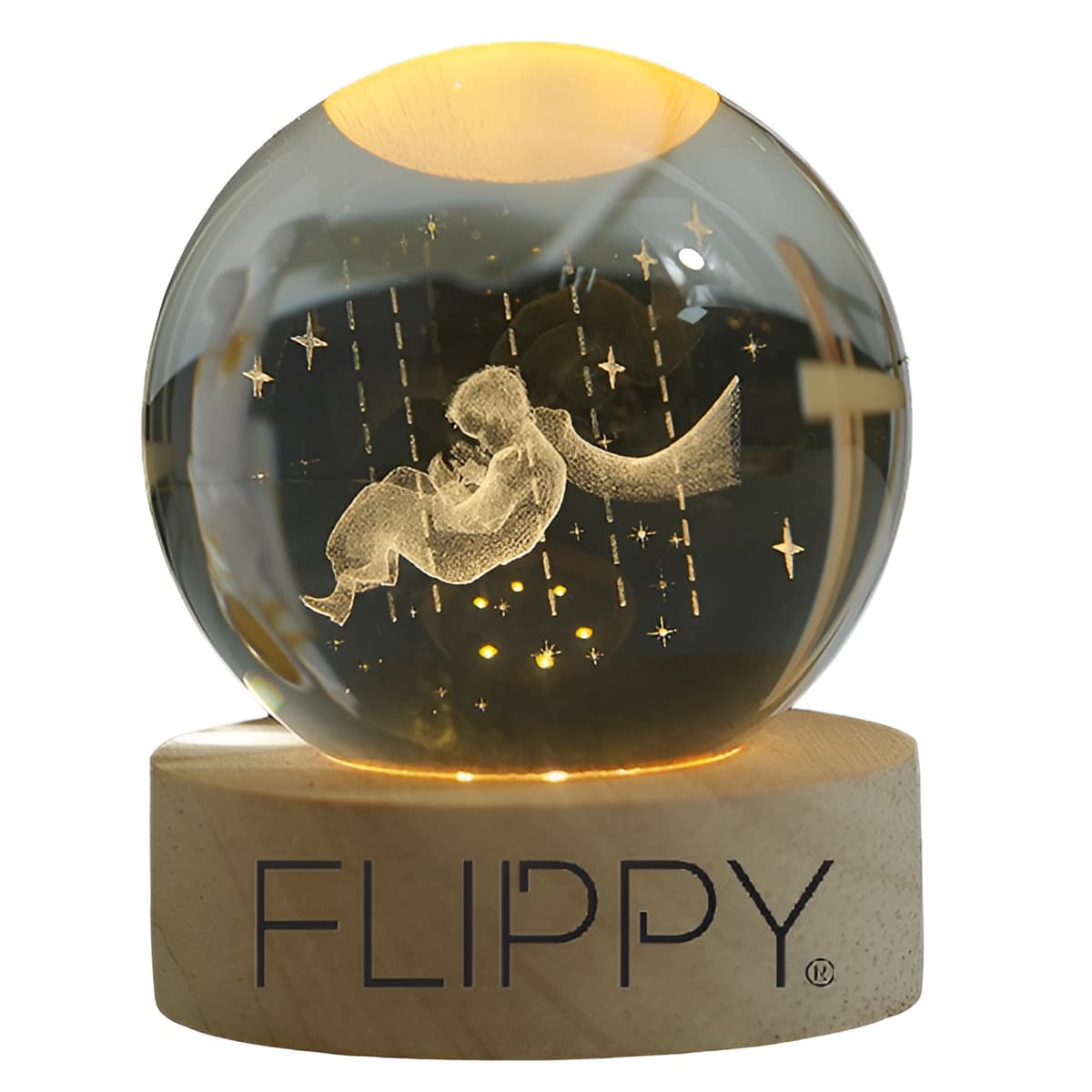 Lampa LED Decorativa, Flippy, cu Bila de Cristal cu Diametru 6cm, Model Micul Print 3D, Alimentare USB, Suport din Lemn