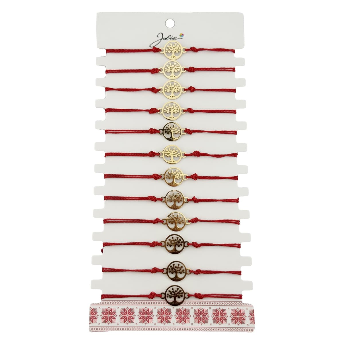 Bratara Martisor pentru Dama, Jolie, Model Copacul Vietii, Set 12 bucati, Pandativ Auriu din Inox cu Snur Rosu Ajustabil