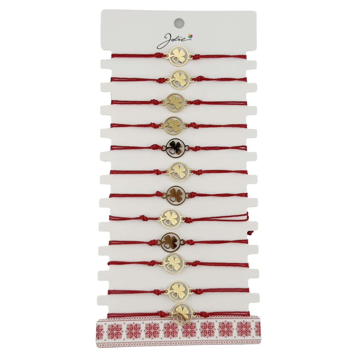 Bratara Martisor pentru Dama, Jolie, Model Trifoi cu Inima pe Petala, Set 12 bucati, Pandativ Auriu din Inox cu Snur Rosu