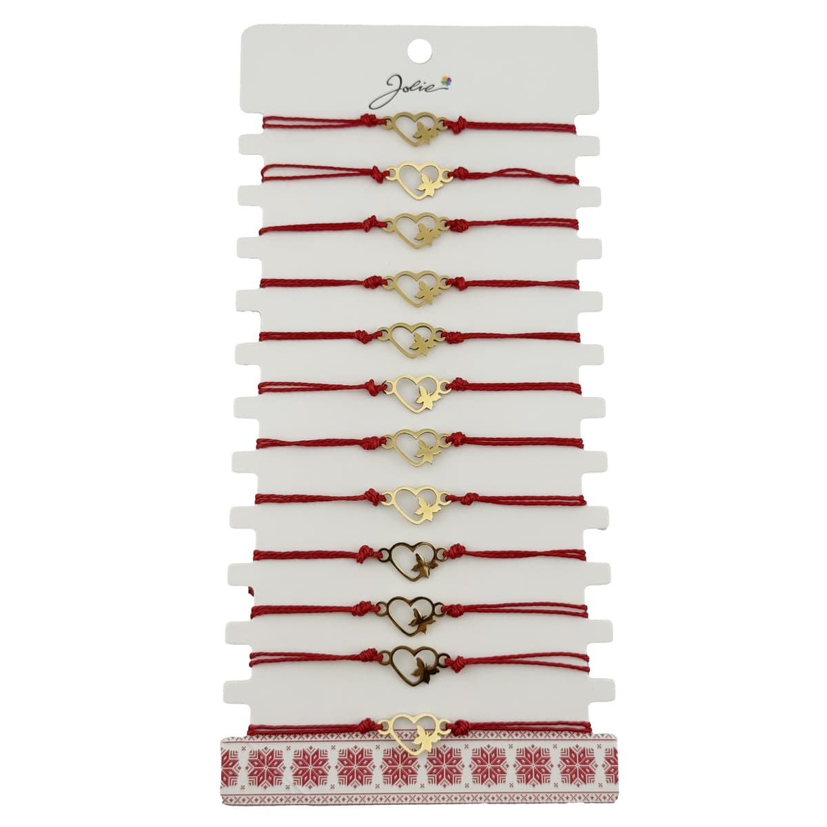 Bratara Martisor pentru Dama, Jolie, Model Inima cu Fluture, Set 12 bucati, Pandativ Auriu din Inox cu Snur Rosu Ajustabil