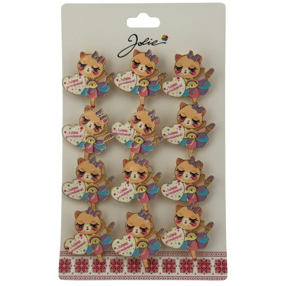 Set 12 Brose Martisor pentru Copii, Jolie, Model Pisica, cu Mesaj Iubesc Primavara, Multicolor