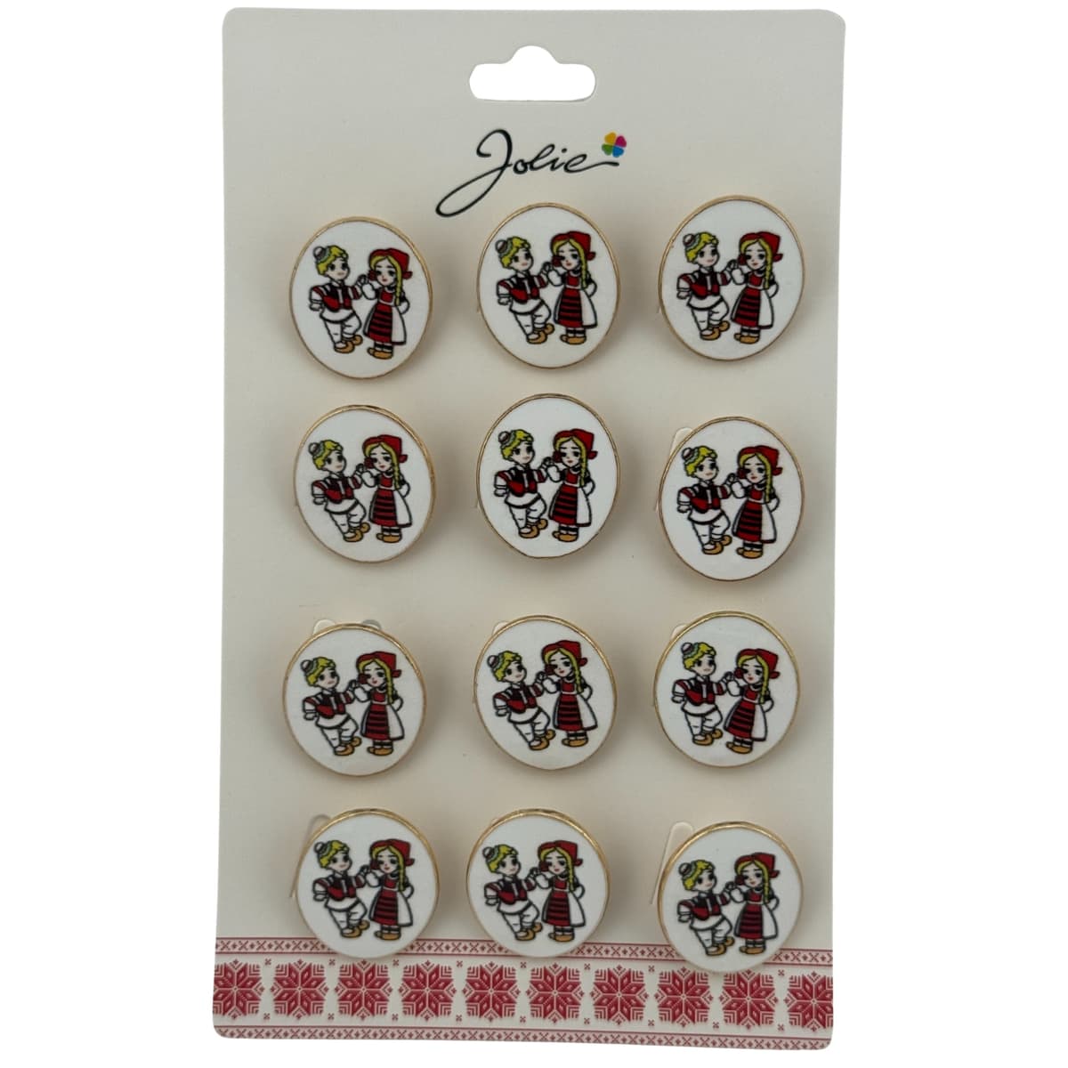 Set 12 Brose Martisor pentru Copii, Jolie, Model Baiat si Fata Imbracati Traditional, Multicolor