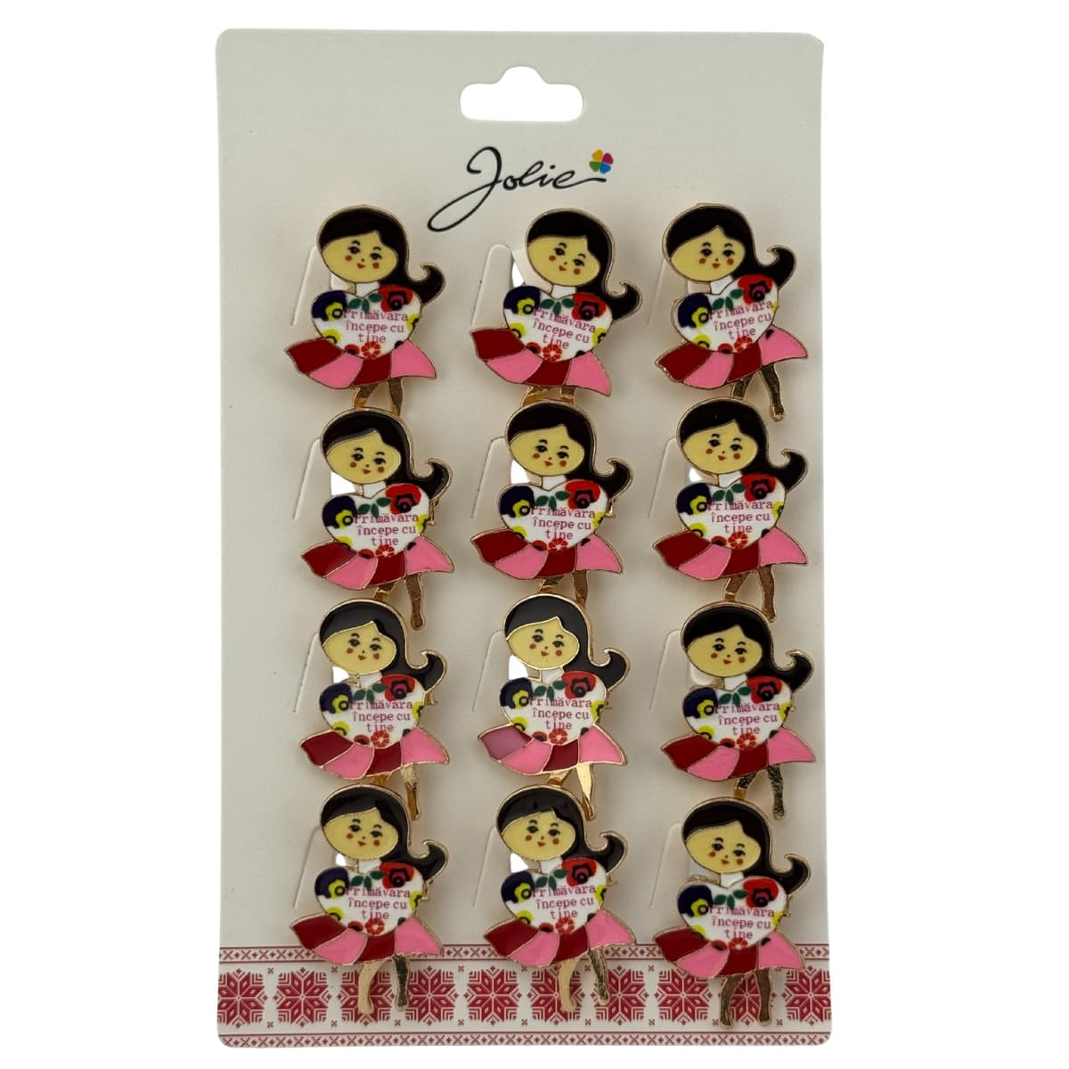 Set 12 Brose Martisor Primavara, Jolie, Model Fata, Mesaj Primavara Incepe cu Tine, Multicolor